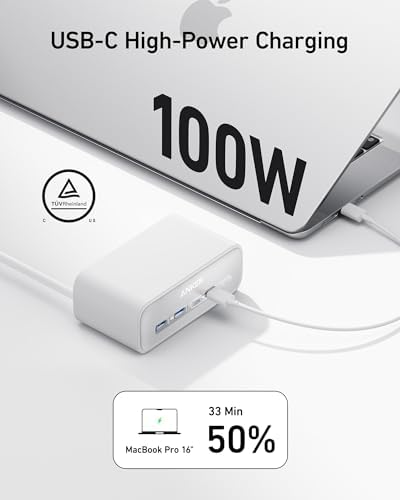 Anker Nano 100 W Power Delivery Charging Station – 7-in-1 USB C Power Strip for i Phone 16/15/14 & Mac Book Air/Pro – 3 AC Outlets, 2 USB A, 2 USB C, 5 ft Slim Cord – Versatile Desktop Charger for Home & Office – Enhanced Device Compatibility & Rapid Charging Solution