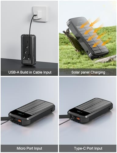 Ultimate 40000 m Ah Solar Power Bank – All-in-One Charging Solution with 20 W Fast Charge, Built-in 4 Cables, and Dual LED Flashlights for Outdoor Essentials – Waterproof, Durable Design for Universal Device Compatibility and Emergency Preparedness