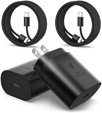 Excgood 25 W Ultra-Fast USB C Charger with 6 ft Durable Braided Type C Cable – Optimal Charging Solution for Galaxy S25/S24/S23/S22 – Dual Pack for Home & On-the-Go – Enhanced Power Delivery with Safety Features