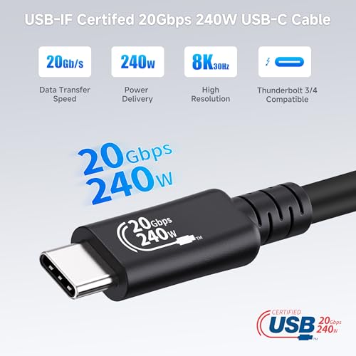Cable Matters [USB-IF Certified] 20Gbps USB4 Cable with Side Screw Lock 6.6ft, Up to [8K@30Hz / 4K@120Hz Video, 240W Charging, 20Gbps Data Transfer] USB C Cable with Screw Lock/USB C Locking Cable – Enhanced Compatibility and Speed