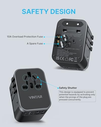 VINTAR Universal Travel Adapter: All-in-One Power Converter with 6 A Output, 3 USB-C and 2 USB Ports for Fast Global Charging Across Europe, UK, USA, and Australia – Essential Travel Accessory for Effortless Device Connectivity and Safety Features