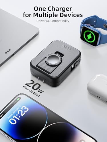 Compact 2-in-1 Apple Watch and i Phone Charger Block with Retractable Cable – Travel-Friendly Wall Adapter for Enhanced Efficiency and Compatibility – Fast Charging Power Solution in Sleek Black Design