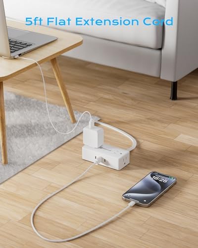 Kakyanill Compact Surge Protector Power Strip with 4 AC Outlets and Dual USB-C Ports – 5 ft Flat Extension Cord for Space-Saving Convenience and 900 Joules Protection – Ideal for Home, Office, and Dorm Room Use – Sleek White Design for Modern Living