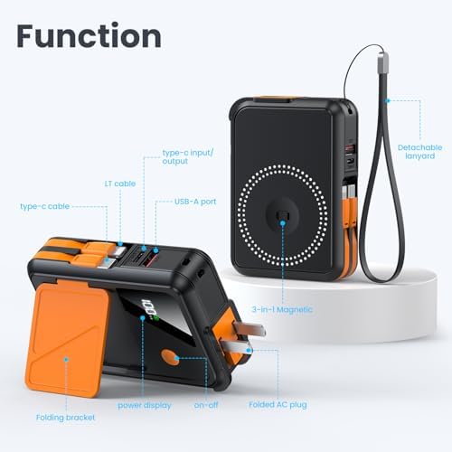 Revolutionary 3-in-1 Magnetic Wireless Power Bank – 10,000 m Ah Capacity with Built-in Cables and AC Plug – 22.5 W Fast Charging for i Phone 15/14/13/12, Apple Watch, and Air Pods – Ultimate Travel Companion for Seamless Device Charging