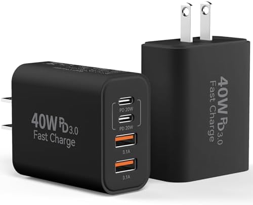 40 W USB C Charger Block – Dual Pack of 4-Port Fast Charging Power Bricks with PD & QC 3.0 Technology for i Phone 16/15/14/13/12/11 Pro Max, i Pad, Galaxy, Pixel – Sleek White & Blue Design for Convenient Multi-Device Charging