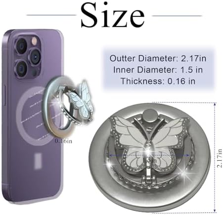 Magnetic Phone Ring Holder with Adjustable Kickstand – Elegant Silver Butterfly Design for Enhanced Grip and Versatile Hands-Free Viewing – Ideal Mag Safe-Compatible Smartphone Accessory for Secure Handling and Effortless Navigation