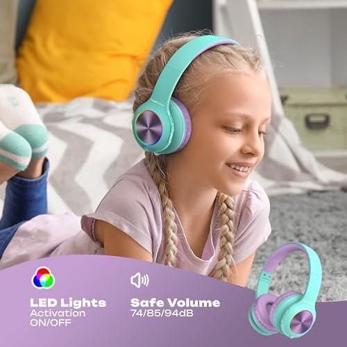 Vibrant Power Locus PLED Kids Bluetooth Headphones – Safe Volume Control (74/85/94 d B), Fun LED Lights, Hi-Fi Sound, Built-in Microphone & Multi-Connectivity for Travel, Learning & Play – Perfect Over-Ear Design for Children