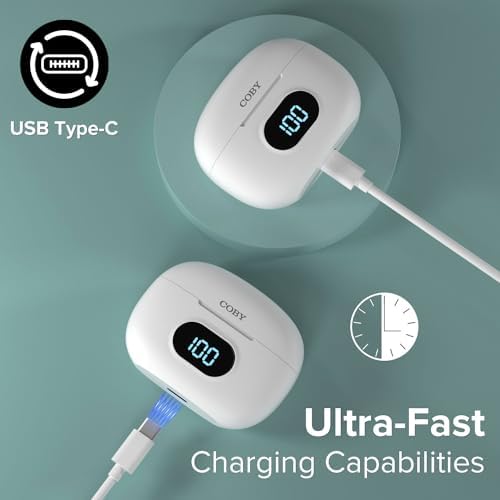 Coby True Wireless Earbuds with Smart Battery Indicator Case | Ultra-Light Bluetooth Earbuds Featuring Built-in Mic and Sweat-Proof Gel Tips | Perfect for Active Lifestyles with Up to 10-Hour Playtime (White) – Seamless Device Compatibility and Effortless Connectivity
