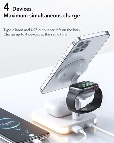 All-in-One Magnetic Wireless Charging Station for Apple Devices – 4-in-1 Fast Charger with Integrated Light for i Phone 16/15/14/13/12, Apple Watch Series 10/9/8/7/Ultra 2/SE 2, and Air Pods 4/3/Pro/2 – Sleek, Modern Design for Effortless Charging and Clutter-Free Organization