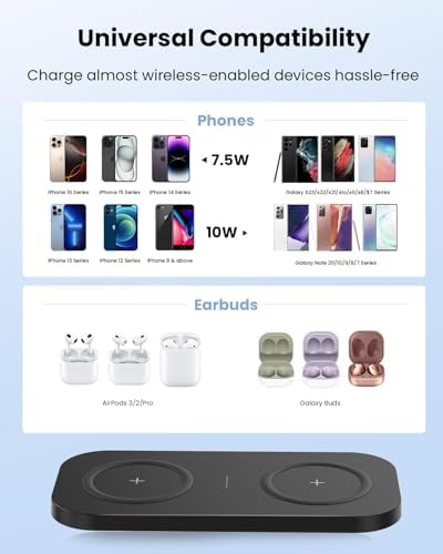 Dual Device Wireless Charging Pad – 10 W Max Fast Charger for i Phone 15/14/13/12/11 and Samsung S22/S21 – Compact & Efficient Multi-Device Charging Station with QC 24 W Adapter – Clutter-Free Power Solution for Everyday Use