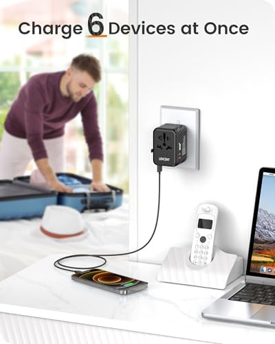 LENCENT 85 W Universal Travel Adapter with Retractable USB-C Cable – High-Speed International Plug Converter Featuring 3 Type-C & 1 USB-A Ports for Effortless Worldwide Charging – Your Ultimate Travel Essential for Maximum Compatibility, Fast Charging, and Ga N Technology Efficiency