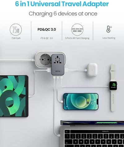 VINTAR Universal Travel Adapter 75 W Ga N Technology: Ultimate All-in-One Power Converter with 3 USB-C PD and 2 USB-A Quick Charge Ports for Global Use – Compact Power Solution for Laptops & Smartphones in 200+ Countries – Reliable Performance with Safety Features for Hassle-Free Charging