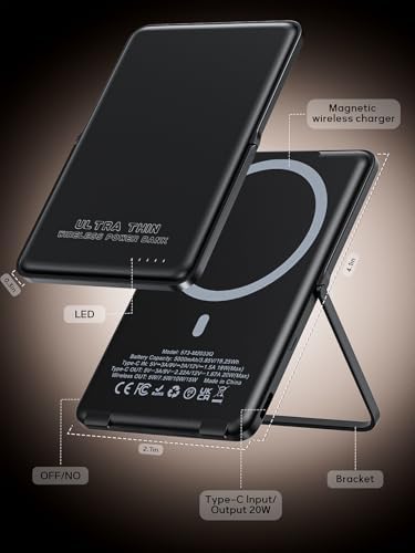 Ultra-Slim 0.3-Inch Magnetic Power Bank – 5000 m Ah Wireless Charger with Foldable Stand & USB-C Cable – Fast Dual-Device Charging for i Phone 16/15/14/13/12 – Travel-Ready Portable Battery Pack for Effortless On-the-Go Power Solutions