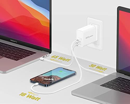 EZQuest 120 W Ga N USB-C Charger with 2 USB-C & 1 USB-A Ports – Travel-Ready Fast Charging Block with 2 Meter Cable – Compatible with Mac Book Pro, i Pad Pro & All Type-C Devices for Ultimate Power Efficiency