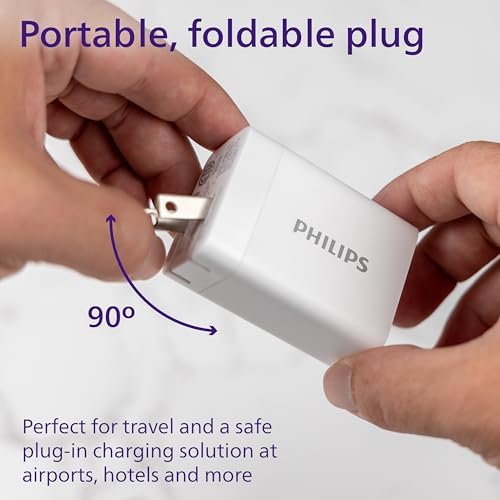 Philips 65 W Ga N Fast Charging Wall Charger – 3-Port USB-C & A Power Adapter for i Phone 15/16 Series & i Pad Pro – Compact, Foldable Design for Ultimate Portability – Efficient Multi-Device Charging Solution