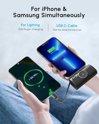 5000 m Ah Ultra-Compact Fast Charging Power Bank with Integrated USB-C Cable for i Phone, Apple Watch & Samsung – Sleek Black Portable Mini Charger for Effortless On-the-Go Energy Solutions