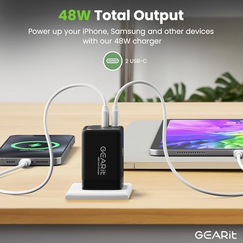 Maximize Charging Efficiency with GEARit 48 W Dual-Port USB C Wall Charger – Innovative Ga N Technology for Ultra-Fast Power Delivery to Apple, Samsung, i Phone, i Pad & Google Pixel – Compact & Travel-Friendly Design with Universal Device Compatibility and Smart Safety Features for Hassle-Free On-the-Go Charging