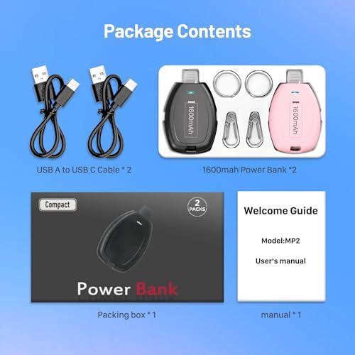 Compact Keychain Power Bank Duo: 1600 m Ah Emergency Charger for i Phone 8, 11, 12, 14 & Air Pods – Ultra-Portable Mini External Battery Pack in Stylish Blue & Pink – Fast Charging & Enhanced Compatibility for On-the-Go Power Solutions