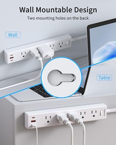 Ultra-Slim 15 FT Flat Plug Power Strip with 5 Outlets & 3 Smart USB Ports – 1700 Joules Surge Protector for Home, Office & Dorm Use – Space-Saving Design with Right-Angle Plug for Optimal Access and Charging Efficiency