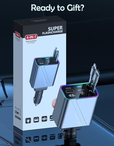 Ultra-Fast 4-in-1 Retractable Car Charger – 66 W Multi-Device Adapter with 35.5” Tangle-Free Cords & Stylish RGB Lighting for Seamless Charging of i Phone 16/15/14/13/12/11, Mac Book, Samsung, Tablets, and Android Devices – Compact Car Accessory for Ultimate Convenience and Compatibility
