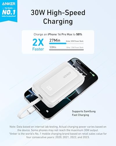 Anker 10,000 m Ah Power Bank – 30 W USB-C Fast Charging Portable Charger for Seamless Device Power, Compatible with i Phone 15/16, Mac Book, Galaxy, and More – Ultimate Travel Essential with Enhanced Safety Features and Dual Device Charging Capability