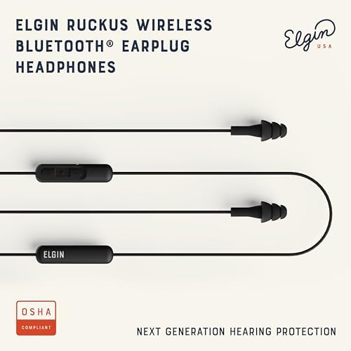 Elgin Ruckus OSHA Compliant Wireless Bluetooth Earplug Headphones – Advanced Noise Cancelling Earbuds with 25 d B Hearing Protection, 12-Hour Battery Life, and IP65 Sweatproof Design for Professionals – Superior Audio Clarity and Communication for Workplace Safety and Outdoor Adventures