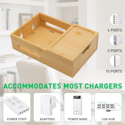 Eco-Friendly Bamboo Charging Station: Multi-Device Docking Organizer with Drawer & Tray, Includes 6 Cables & 5-Port USB Charger for Enhanced Device Compatibility and Fast Charging Solutions, Perfect for Home or Office Use