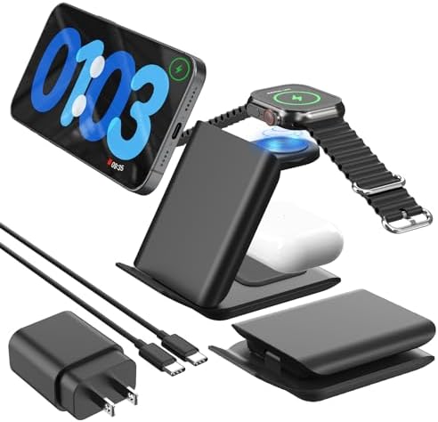 Geyo 3-in-1 Foldable Wireless Charging Station for Apple Devices – Fast Charge Your i Phone 16/15/14/13/Pro Max/Pro/Plus/Mini, Air Pods 2/3/Pro, and Apple Watch Ultra/9/8/7/SE/6/5/4 – Ultimate Convenience and Portability for Modern Users