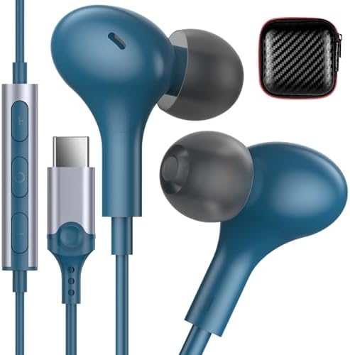 USB C Wired Earbuds for Apple i Phone 16 Plus & Samsung Galaxy S25 – High-Fidelity Sound with Built-in Microphone – Lightweight and Ergonomic Design for Ultimate Comfort – Stylish Lake Blue Color for Trendy Audio Experience – Enhanced Compatibility with USB-C Devices