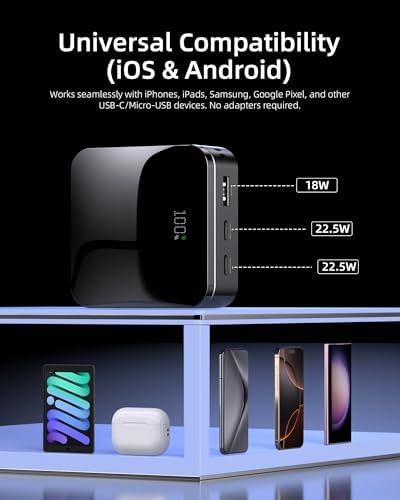 T-CORE 10,000 m Ah Mini Power Bank – Ultra-Compact Fast Charging Portable Charger with Built-in USB-C Cable for Seamless Compatibility with i Phone 15/16 and Samsung Devices – Essential Travel Companion for Camping and On-the-Go Power Solutions