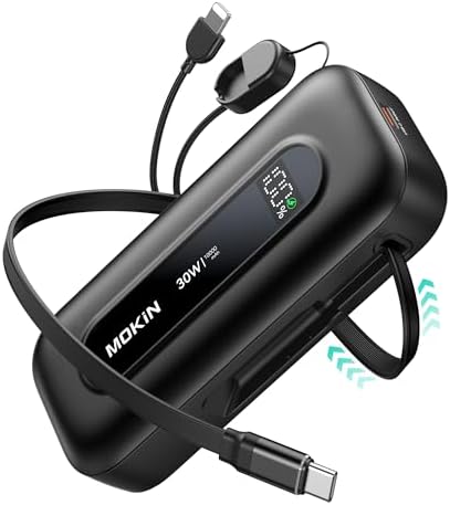 Ultra-Fast 30 W Retractable Portable Charger – 10,000 m Ah Power Bank with Built-In Cables for i Phone, i Pad & Samsung – Airline-Approved Travel Powerbank with Smart Display & Detachable Strap for Ultimate Convenience