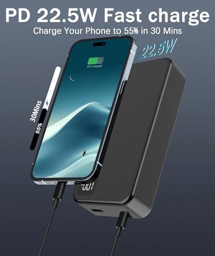 30000 m Ah Portable Power Bank – High-Capacity Fast Charger with Dual Built-In Cables for i Phone 15/14/13, Samsung Galaxy, and i Pad – 22.5 W PD QC4.0 Quick Charge Technology – Sleek Black Design for On-the-Go Charging