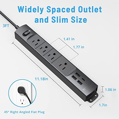 Ultra-Slim TROND Surge Protector Power Strip with 3 USB Ports & Type C – 4 AC Outlets for Maximum Device Protection & Charging Speed – 1440 J Surge Defense, ETL Listed, Space-Saving Wall Mount Design for Home Office & Dorm Use – Versatile Power Management Solution in Elegant Black