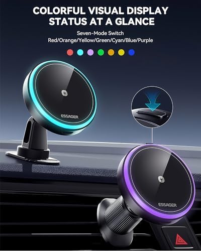 ESSAGER Mag Safe 15 W Fast Wireless Car Charger & Phone Holder – Effortless Magnetic Mount for i Phone 12 to 16 Pro Max, Air Vent & Dashboard Compatibility, Secure & Safe Charging for On-the-Go Convenience
