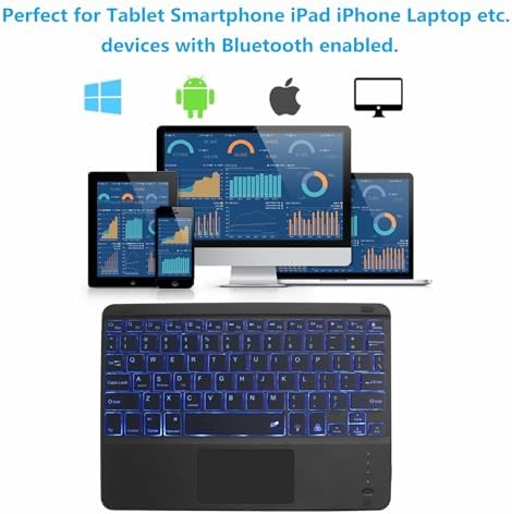 Ultra-Slim Bluetooth Keyboard with Touchpad – 7-Color Backlit Rechargeable Wireless Keypad for i Pad, Android & Windows – Universal Compatibility & Enhanced Productivity Accessory for Tablets & Smartphones