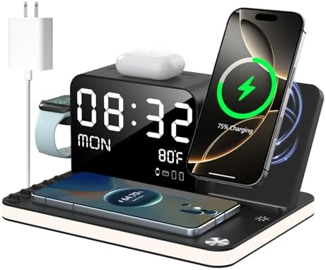 Dual 7-in-1 Wireless Charging Station for Apple Devices – Fast 33 W Dual i Phone Charger with Adjustable Touch Lighting, Bluetooth Time Sync, and Multifunctional Compatibility for i Phone 16/15/14/13/12, Apple Watch, and Air Pods – Enhanced Safety Features and User-Friendly Design