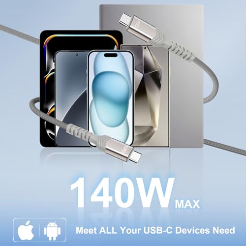 Ultra-Fast 140 W USB-C Charging Cable – 4.2 FT 2-in-1 Fast Charger for i Phone 16 Series, Galaxy S24, Mac Book Pro/Air, & More – Premium Nylon Braided Design for Enhanced Durability and Compatibility – Rapid Charging & Data Transfer Solution for All Devices