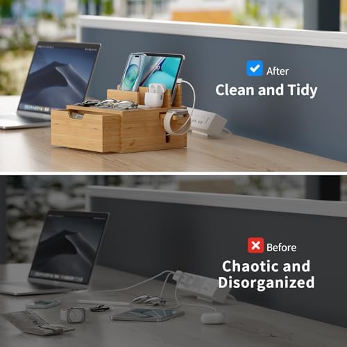 Bamboo Multi-Device Charging Station with 5-Port USB Hub & Drawer – Fast Charging Dock Organizer for Smartphones & Tablets – Eco-Friendly Power Solution with Enhanced Compatibility & Sleek Aesthetics
