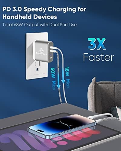 Powerlot Zero 68 W Dual USB-C Wall Charger – Fast Charging Ga N Adapter with 60 W & 18 W Outputs for Mac Book Pro, Dell Laptops, i Phone 14/13 Pro Max Plus, and i Pad Pro – Compact & Foldable Design for Ultimate Portability and Safety Features