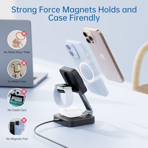 2025 Portable Wireless Mag Safe Fast Charging Hub – 3-in-1 Magnetic Charger for i Phone 16, 15, 14, 13, 12 Pro Max Plus, Apple Watch, and Air Pods – Compact Travel Essential with LED Indicator – Ultimate Gift for Tech-Savvy Couples (Black) – Superior Compatibility and Rapid Charging Performance