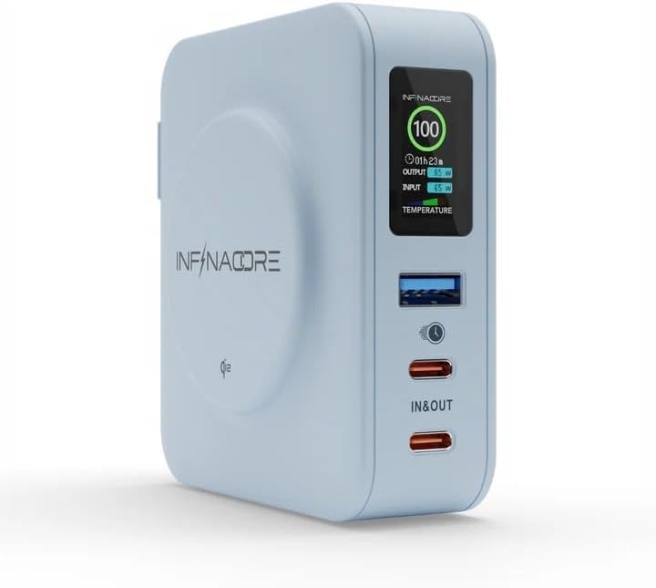Infina Core P3 8000 m Ah Portable Power Bank: Ultra-Fast 18 W USB-C Charger with 4-in-1 Functionality, Qi Wireless Compatibility, and Travel-Ready Foldable Plug for Effortless Device Charging on the Go