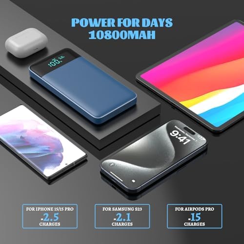 Ultra Slim 10800 m Ah Portable Charger with LCD Display – Fast Charging Power Bank with 20 W PD USB-C Output, Ideal for i Phone 15, 14 & Samsung Android – Compact Power Solution for On-the-Go Charging