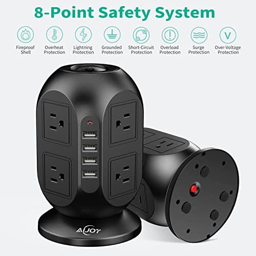 Compact Surge Protector Power Strip Tower with 8 AC Outlets & 4 Fast-Charging USB Ports (1 USB-C) – Aioy 10 FT Flat Plug Extension Cord for Organized Home & Office Use, Black – Ultimate Device Charging Solution for Efficiency and Safety