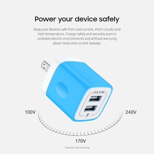 AILKIN Dual Port USB Wall Charger 2-Pack – 2.1 A Fast Charging Adapter for i Phone 15/14/13/12/11 Pro, Samsung Galaxy S23/S22/S21 – Compact Power Block with Quick Charge Technology – Universal Compatibility & Safety Features for Home and Travel