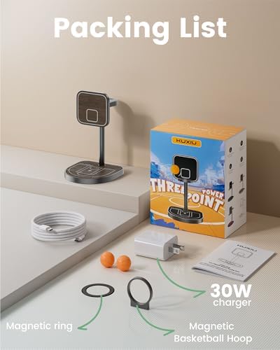 Innovative 3-Point Power 3-in-1 Charging Station for Apple Devices – Sleek Aluminum Alloy Magnetic Wireless Charger Stand with Mini Basketball & Hoop, Perfect for i Phone 16/15/14/13/12, 5 W Apple Watch & Air Pods Charging, Compact Black Design for Enhanced Speed and Style