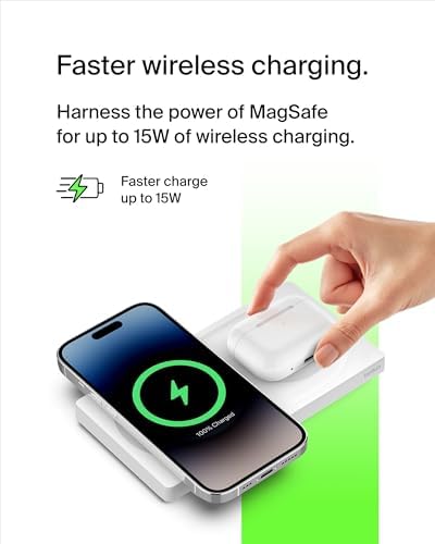 Belkin 15 W Mag Safe-Compatible 2-in-1 Wireless Charging Station – Fast Dual Device Charger for i Phone 16, 15, 14, 13 Series & Air Pods – Sleek Sand Design for Effortless Portability and Seamless Power Solutions