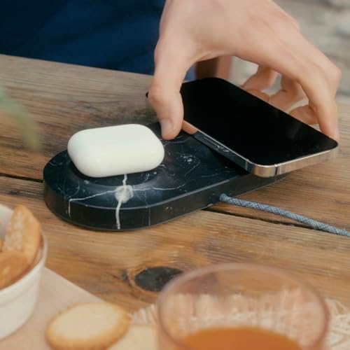 Elevate Your Charging Experience with the Einova Dual Classic Stone – Luxurious Wireless Charging Pad in Genuine Black Marquina Marble, Handcrafted in Italy, Featuring a 6 ft Integrated USB-C Cable for Fast Charging of Smartphones, Wireless Earbuds, and Smartwatches – Unmatched Aesthetics and Broad Compatibility for Qi-Enabled Devices