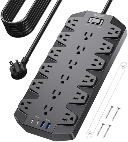 Maximize Your Power Efficiency with SUPERDANNY 18-Outlet Surge Protector Power Strip – 4 USB Charging Ports, 1875 W/15 A, 2100 J Surge Protection, 6.5 FT Heavy-Duty Flat Plug Extension Cord for Home, Office, Gaming, and Dorm Use – Versatile Wall Mount Design for Unmatched Convenience and Safety