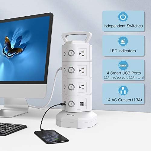 JACKYLED Power Strip Tower Surge Protector with 12 Outlets and 6 USB Ports (2 USB-C) – High-Speed Charging Station with 1050 Joules Protection, 1625 Watts, 6.5 ft Extension Cord for Enhanced Home Office Efficiency and Device Safety