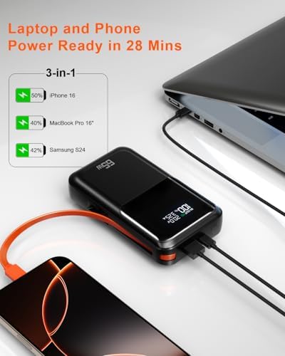 Ultimate 65 W Portable Laptop Power Bank – 27,000 m Ah Triple Port Fast Charger with Integrated USB-C & Lightning Cables | TSA-Compliant for Hassle-Free Travel | Smart Display & Enhanced Safety Features for Mac Book, i Phone, & Steam Deck | Your Essential On-the-Go Charging Solution for Maximum Productivity